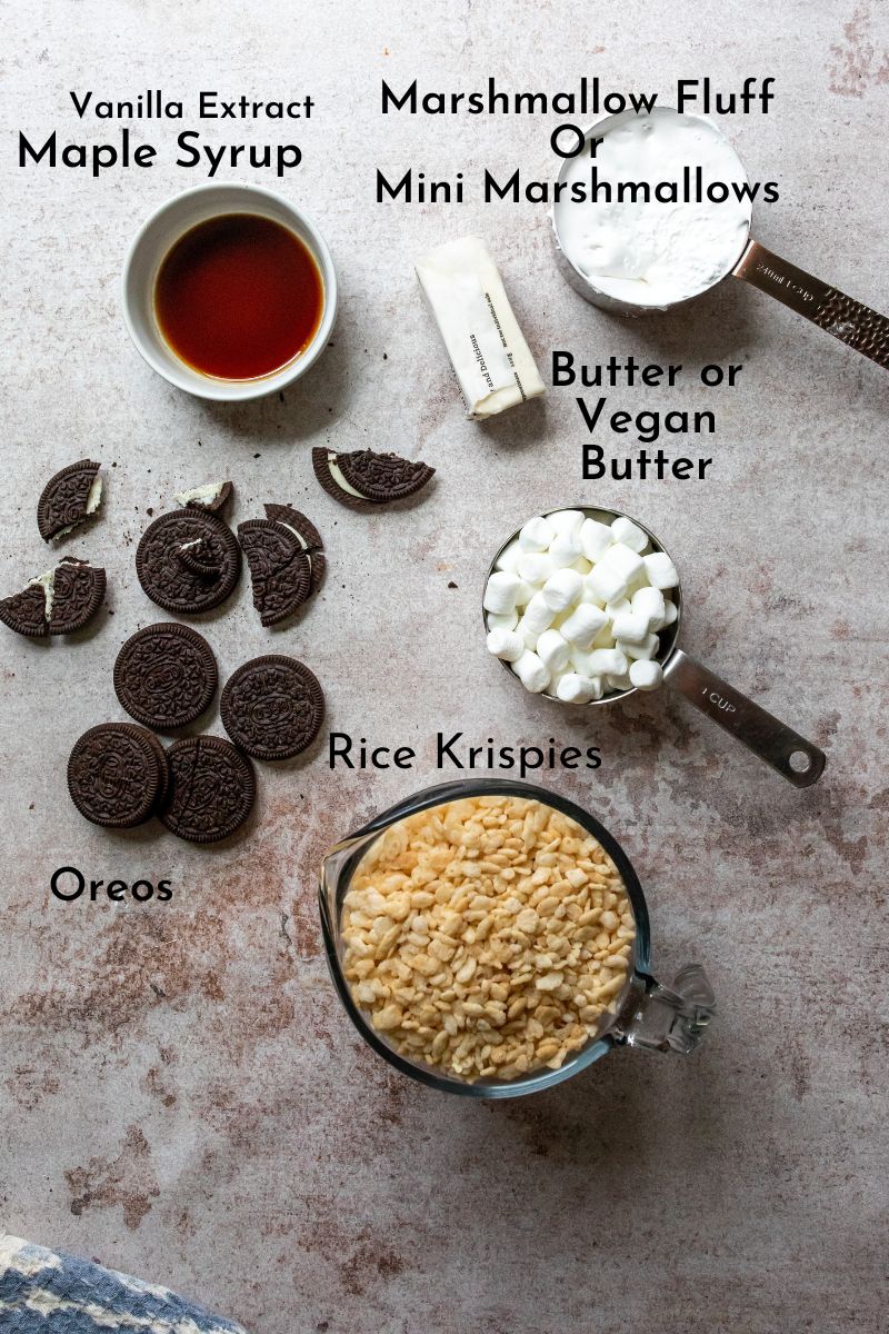 Oreo Rice Krispie Treats Ingredients on a counter.