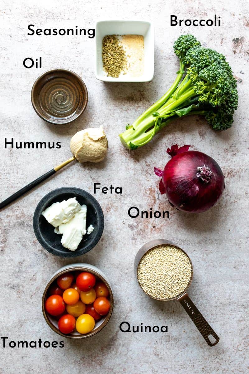 Quinoa Veggie Bowl ingredients on a counter. 