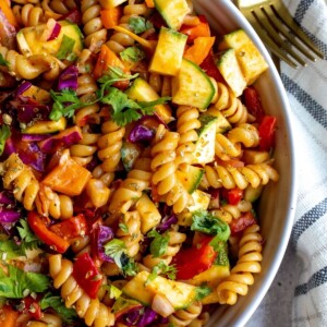 Southwest Chipotle Pasta Salad in a white bowl.