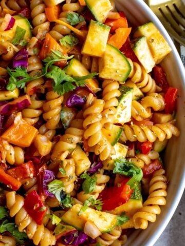 Southwest Chipotle Pasta Salad in a white bowl.