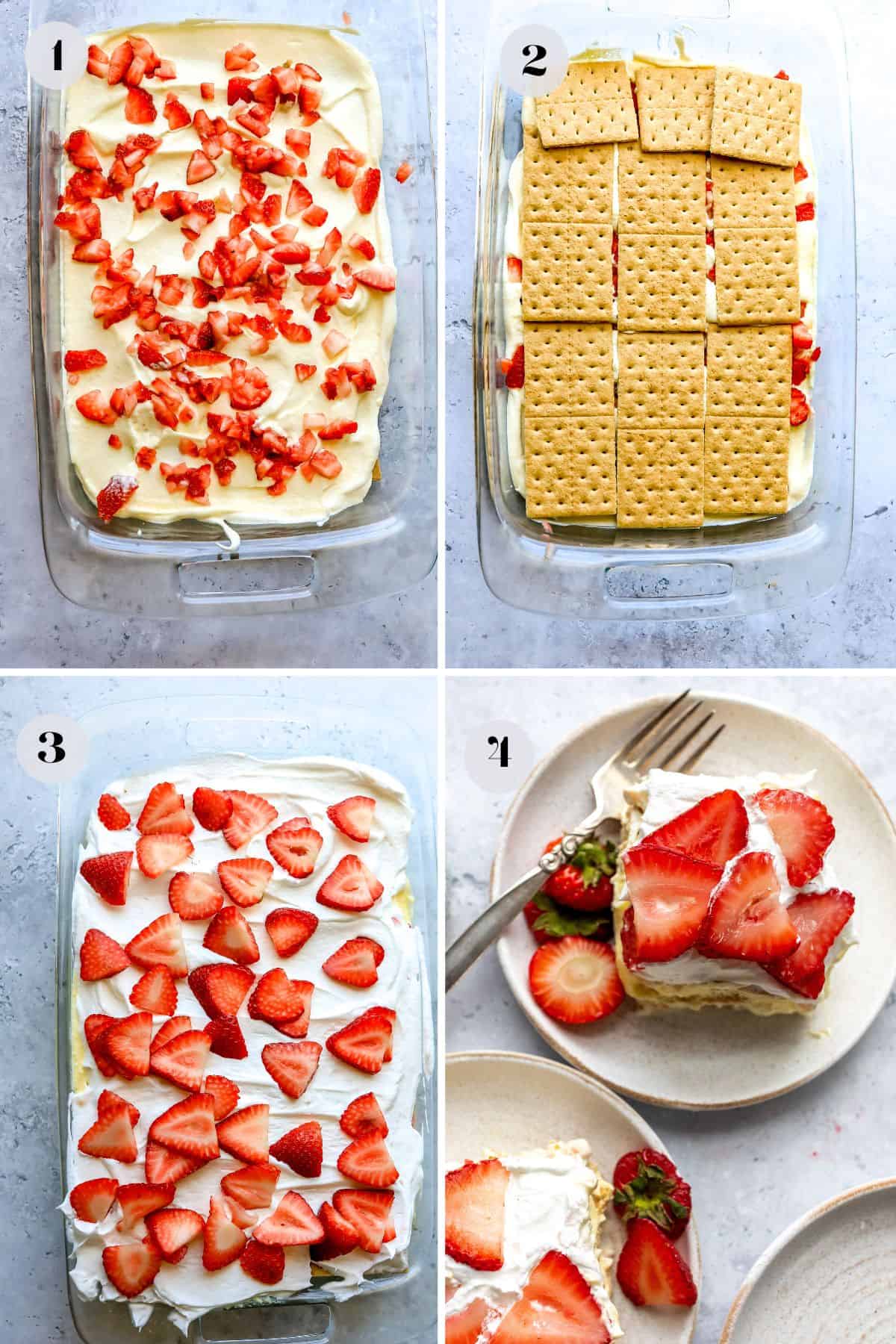 Steps to make this recipe on a grey counter in a glass dish.