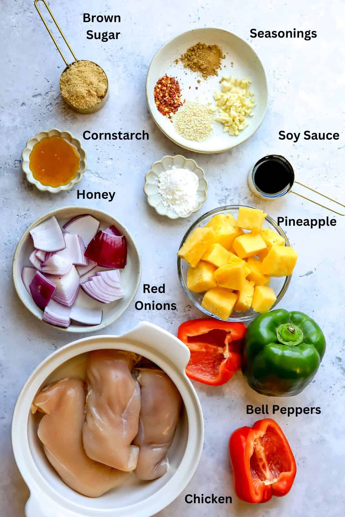 Ingredients to make Teriyaki Chicken Skewers on a counter.