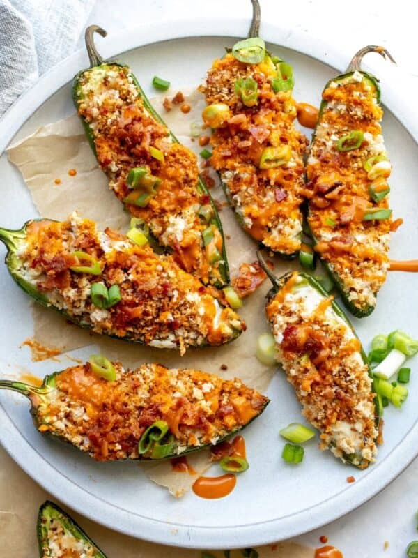 oven Baked Jalapeño Poppers on a plate up close, overhead shot.