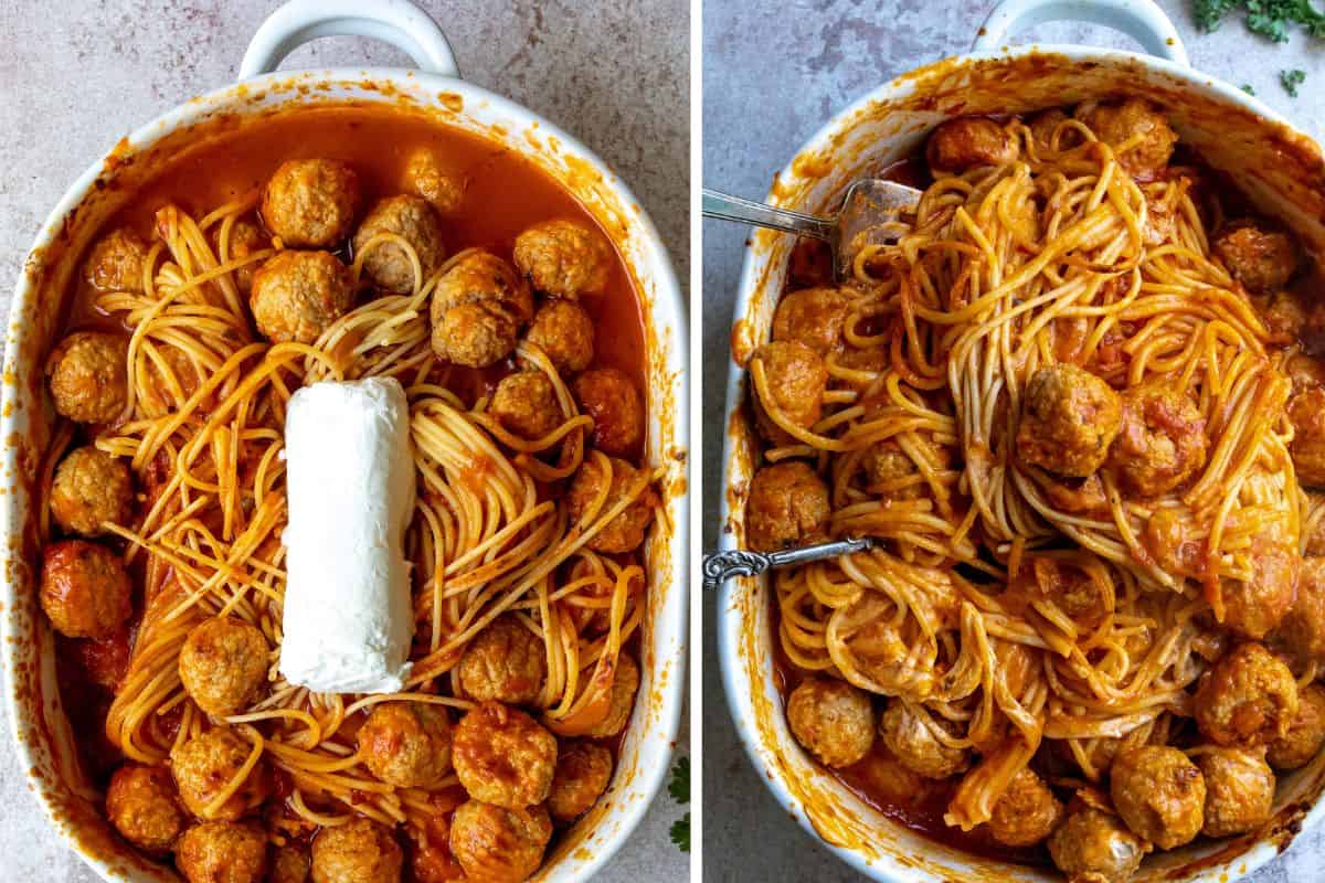 Steps to make baked spaghetti and meatballs in a white dish with goat cheese and cooked. 