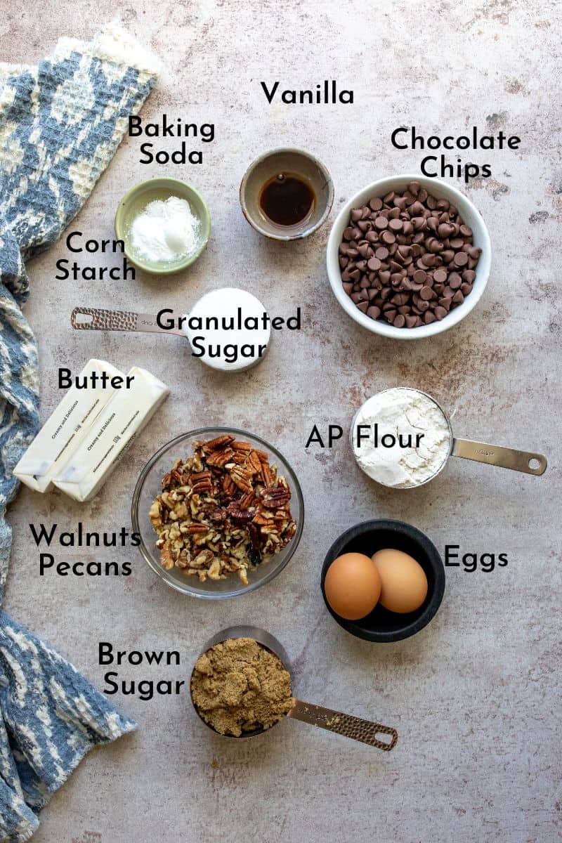 Levain Cookies ingredients on a counter in bowls and spoons. 