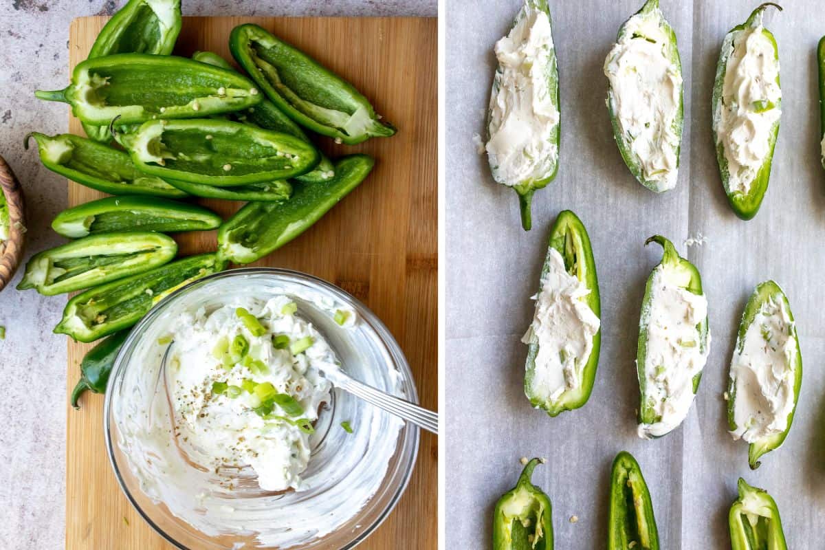 Steps to make baked jalapeño poppers on a cutting board. 