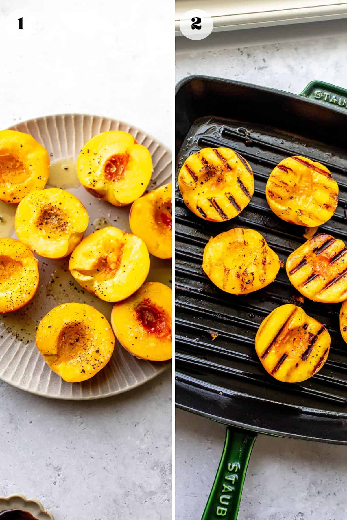 Steps to make this recipe. Peaches on a plate and on a grill pan.