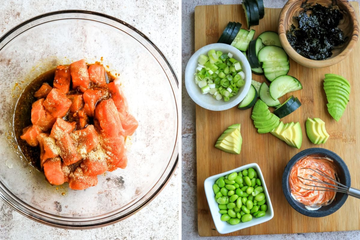Steps to make Teriyaki Salmon bowls in a glass bowl and on a cutting board. 