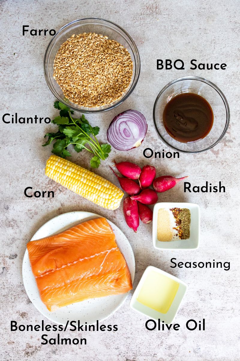 Ingredients for baked bbq salmon bowls on a counter.