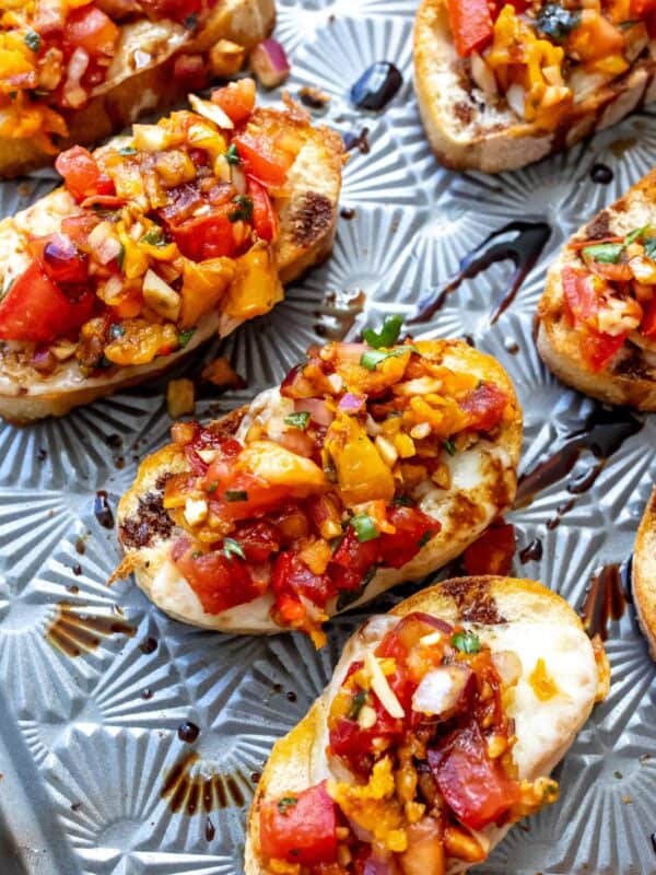 Balsamic Bruschetta on a sheet pan.