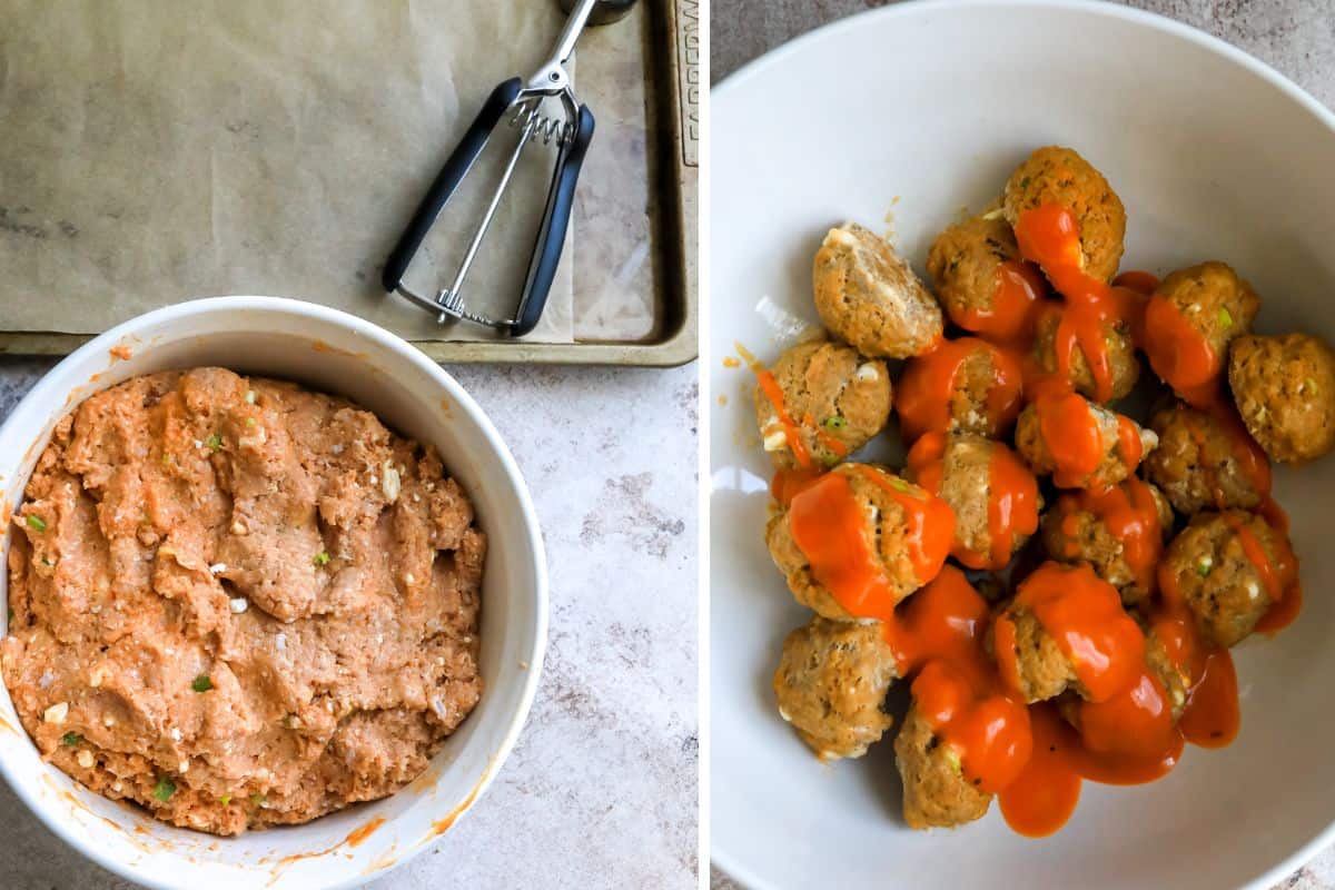 A collage of how to make buffalo chicken meatballs with the ground meat in a bowl on the left and then after cooking drizzled with buffalo sauce.