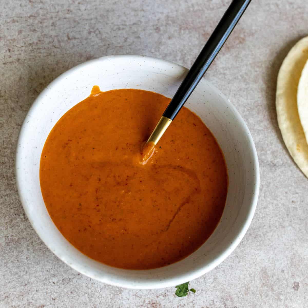 Chipotle/tinga sauce in a white bowl.