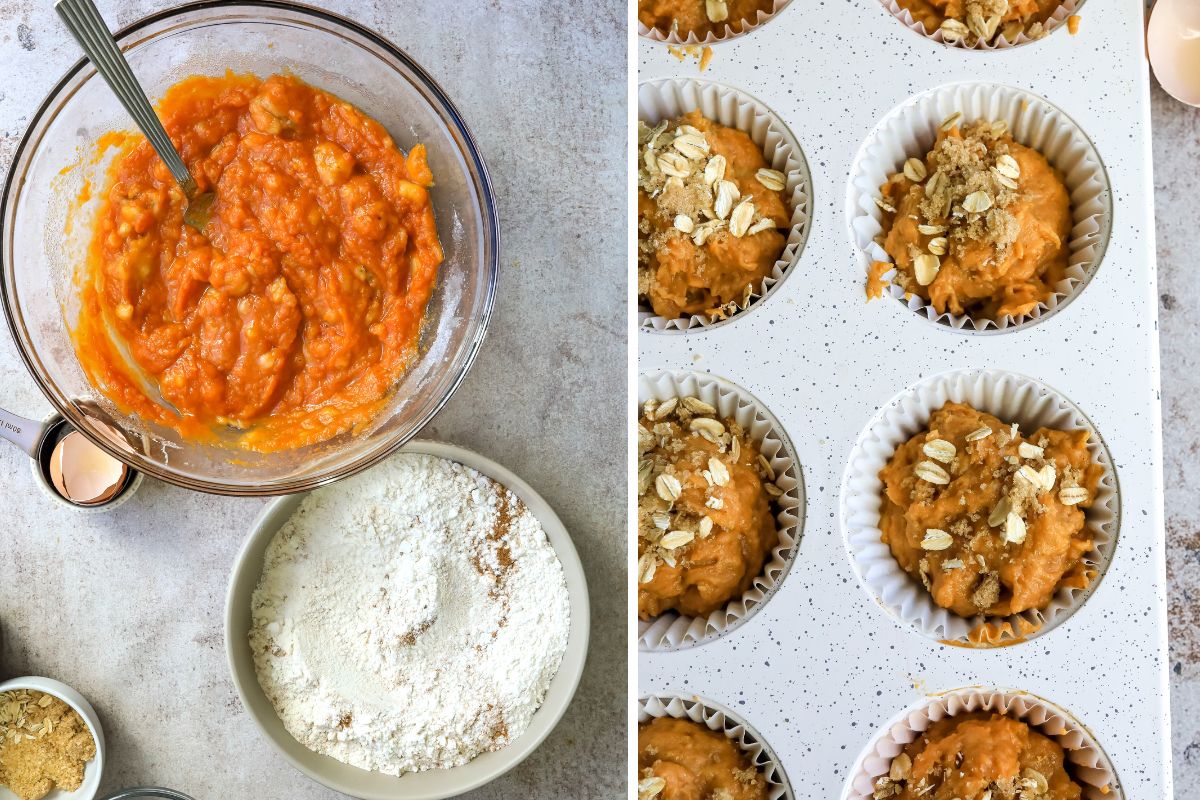 Pumpkin Banana Muffins steps to make the muffins in bowls. 