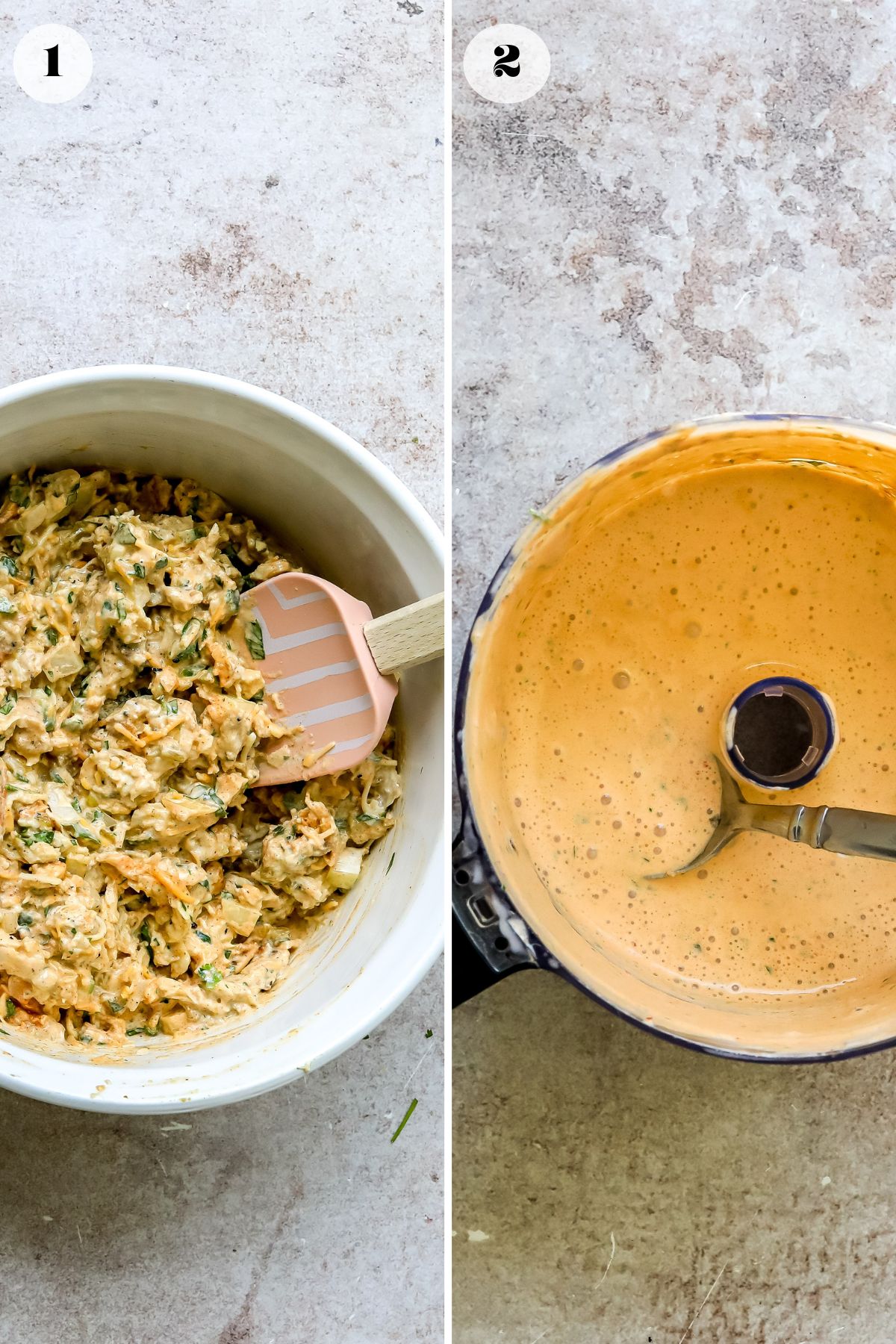Steps to make this recipe in a large bowl and a small food processor.
