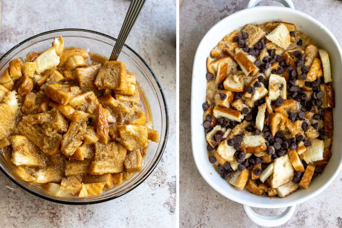 Chocolate Chip Bread Pudding steps in bowls and casserole dish.