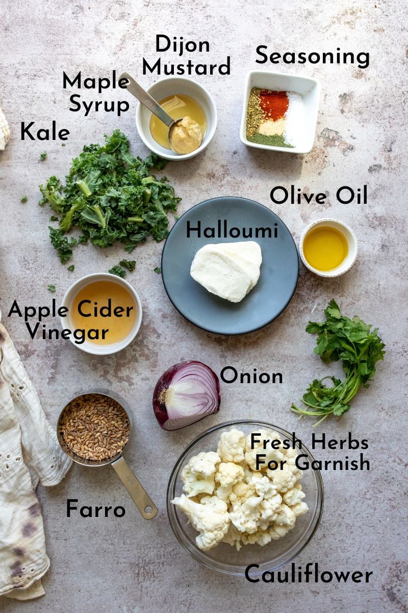 Ingredients for farrow bowls on a counter in bowls. 