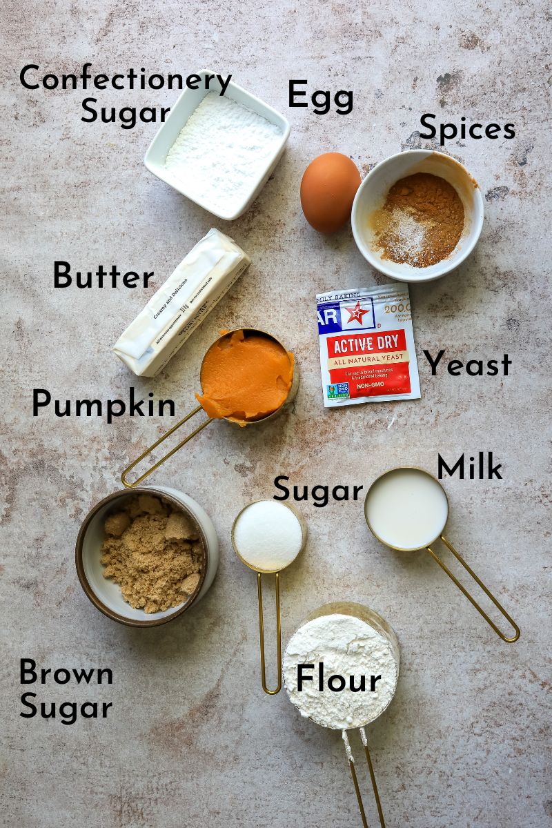 Ingredients needed for pumpkin cinnamon roll recipe. 