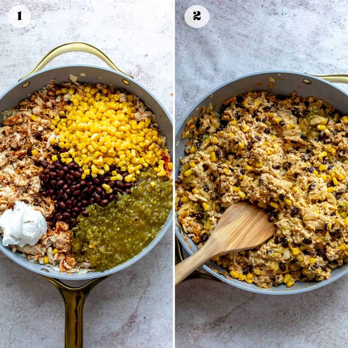 Grey skillet with a gold handle holding a saucy chicken mixture. 