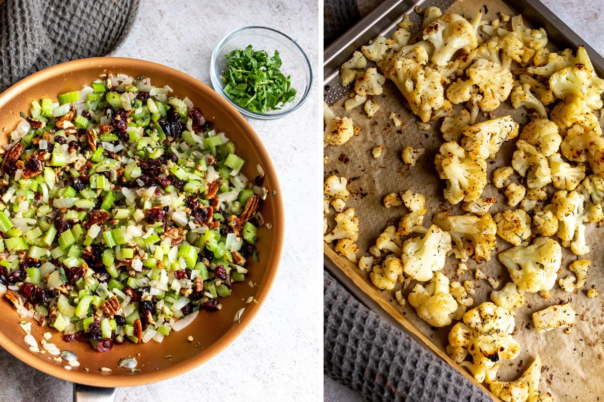Cauliflower Stuffing Steps in a skilled and cookie sheet. 