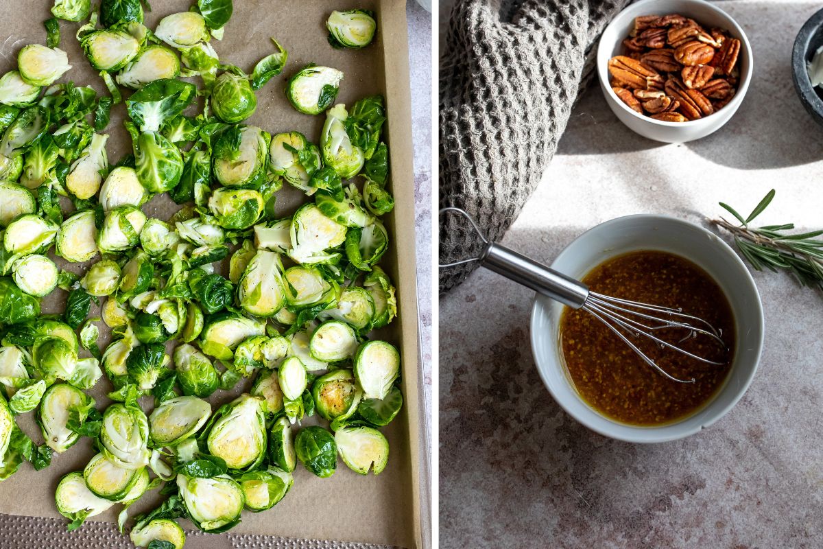 Steps To make fall salad on a cooking sheet with brussels.