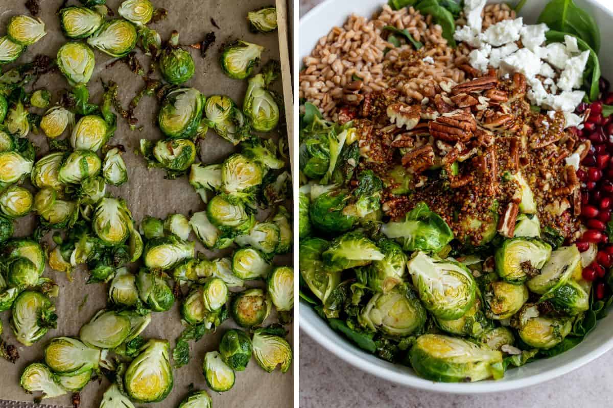 Steps to make fall salad in a big bowl with ingredients piled high. 