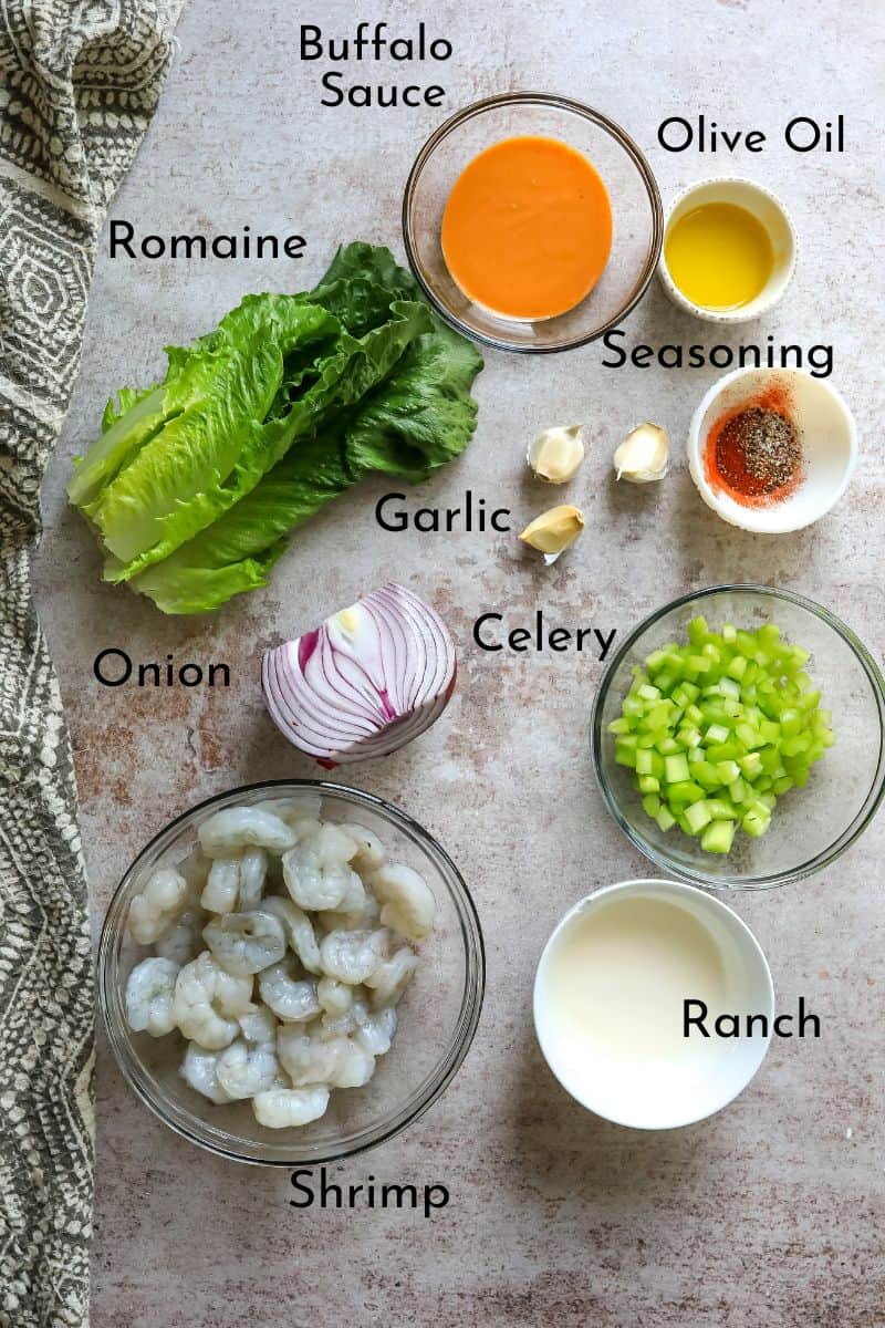 Buffalo Shrimp Ingredients on a counter in bowls.