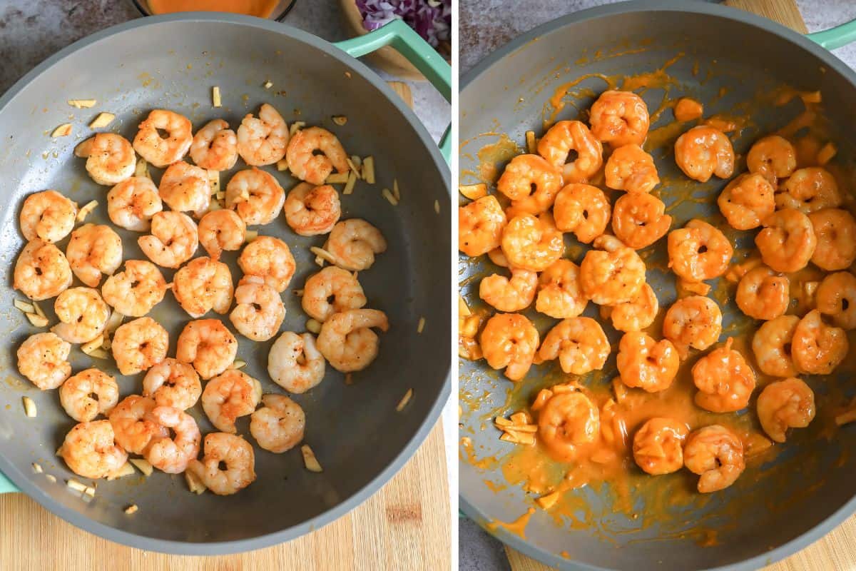 shrimp in a skillet with sauce. 