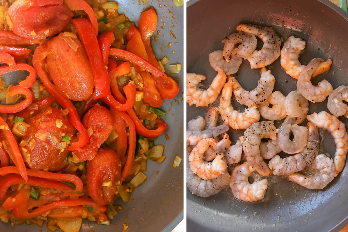 Shrimp Curry in a skillet cooking. 