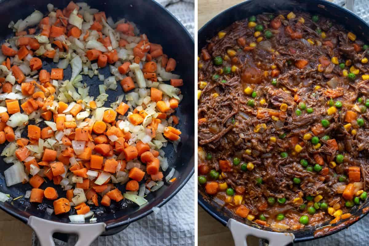 Dairy Free Shepherd’s Pie steps to make, in a cast iron skillet.