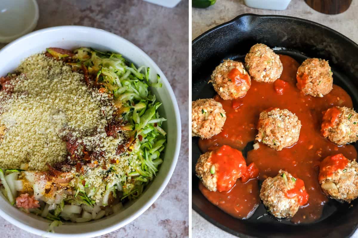 Ground Turkey Meatballs steps to make in a bowl and skillet. 