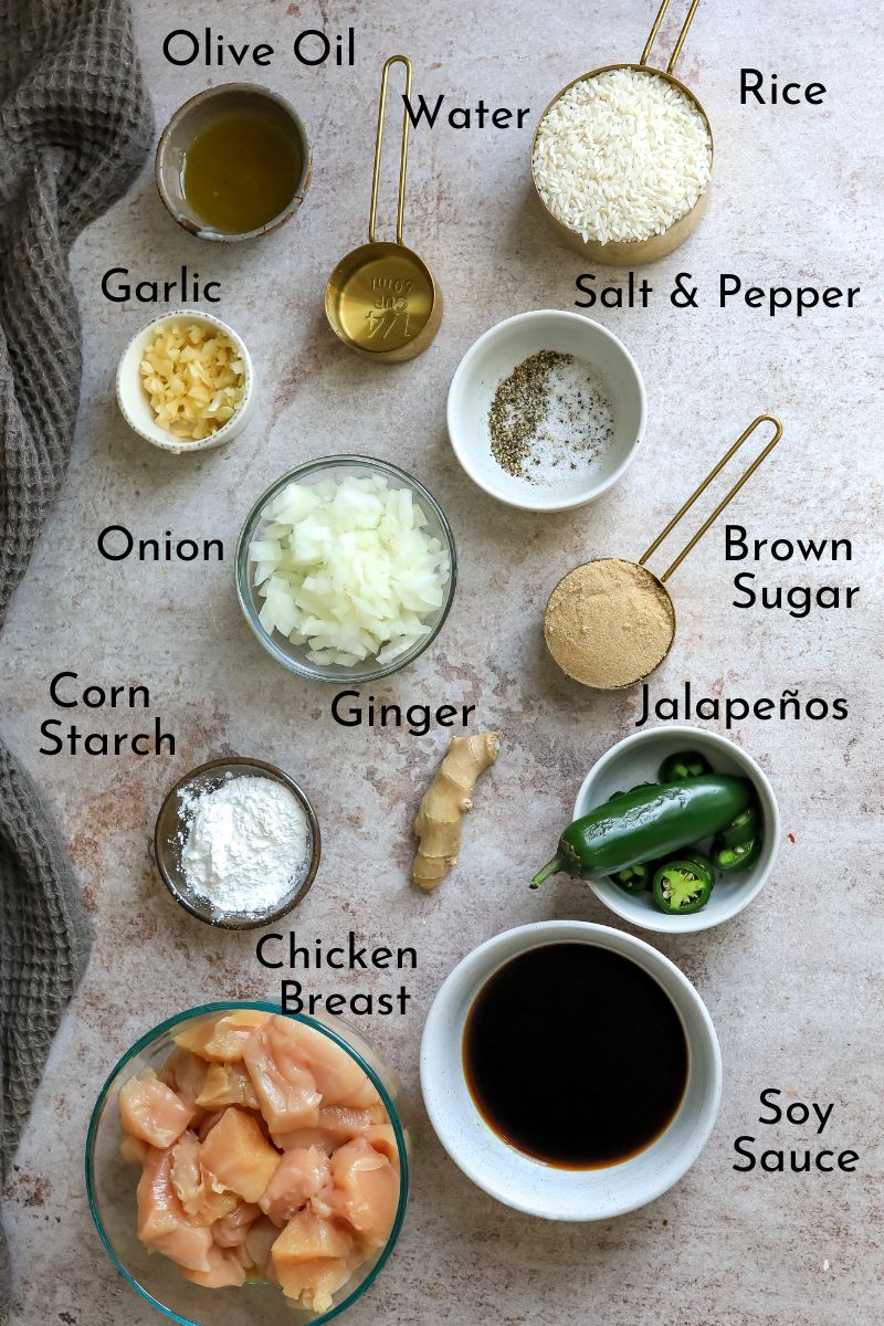 ingredients on a counter with bowls filled with food and sauce. 