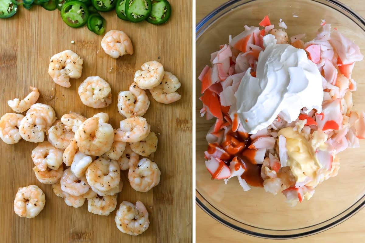 Collage of steps for making a sushi bake including shrimp on a counter and the ingredients in a bowl to mix.