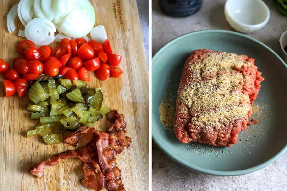 Steps to make recipe on a cutting board chopped and beef in a bowl with seasoning.