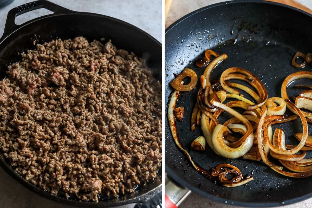 Skillet with cooked ground beef in it and a skillet with sautéed onions in it. 