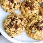 cookies up close on a white plate with chocolate.