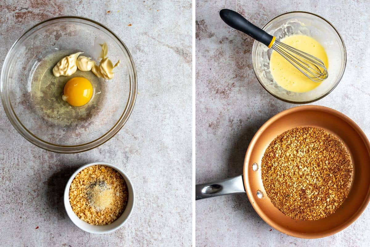 Steps to make this recipe. Small bowls with ingredients and a skillet with panko in it. 