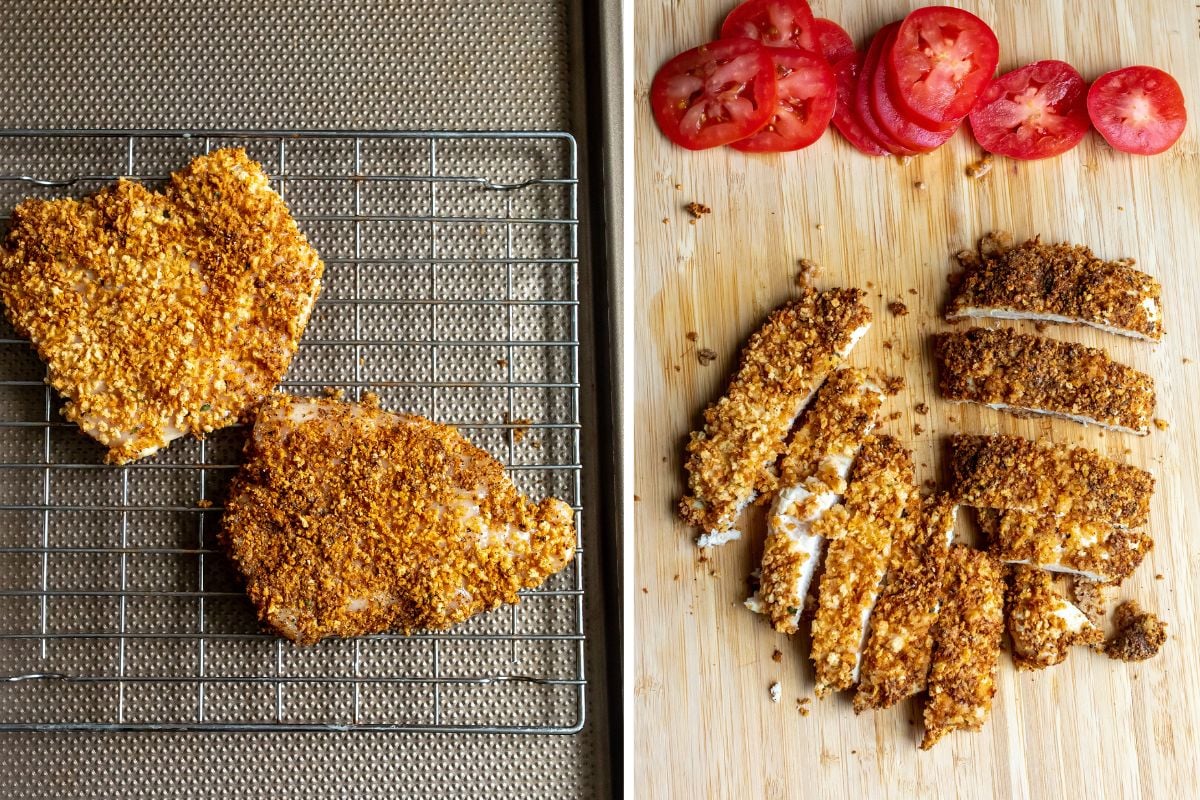 steps to make crispy chicken. Breaded chicken on a wire rack on a cooking sheet. 