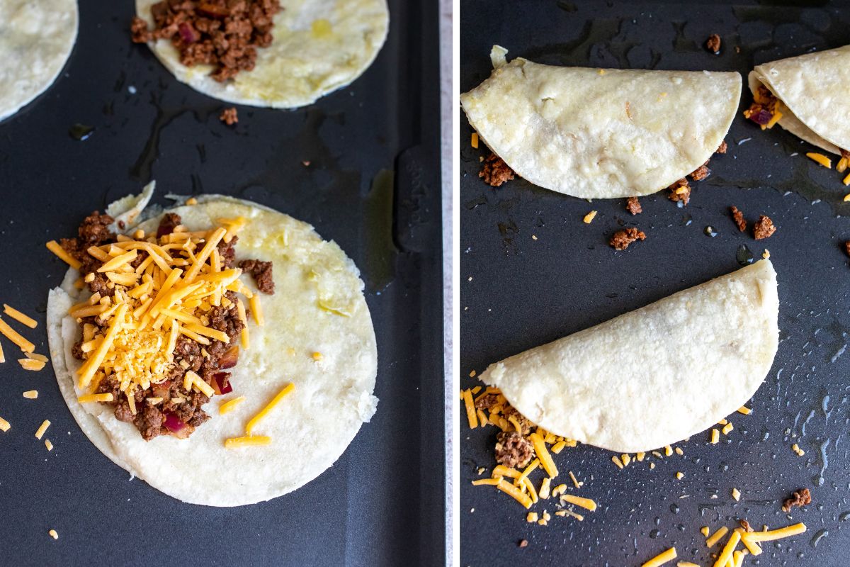 Steps to make the tacos on a cooking sheet with tortillas stuffed and folded. 