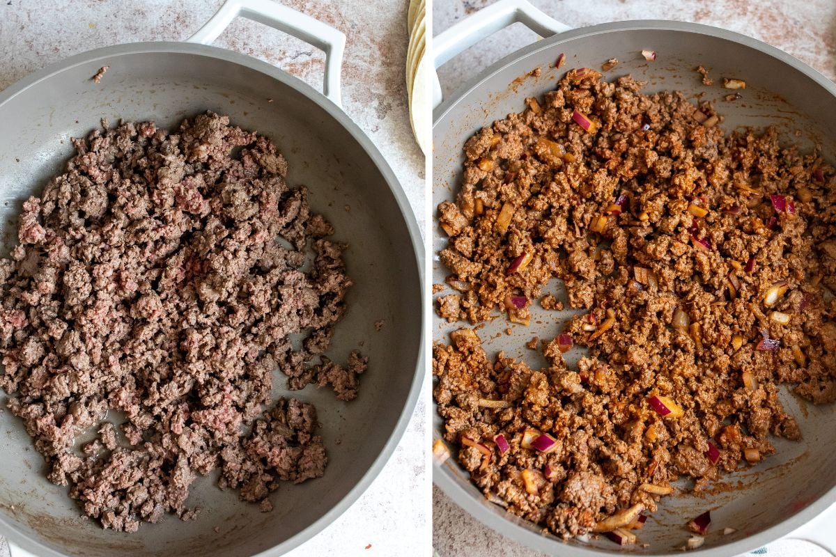 Steps to make crispy beef tacos in a grey skillet with ground beef in it.  