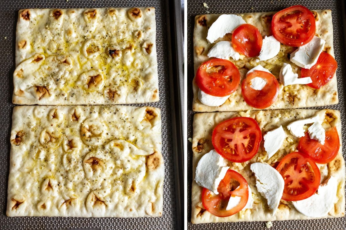 Flatbreads on a cooking sheet with cheese and tomato. 