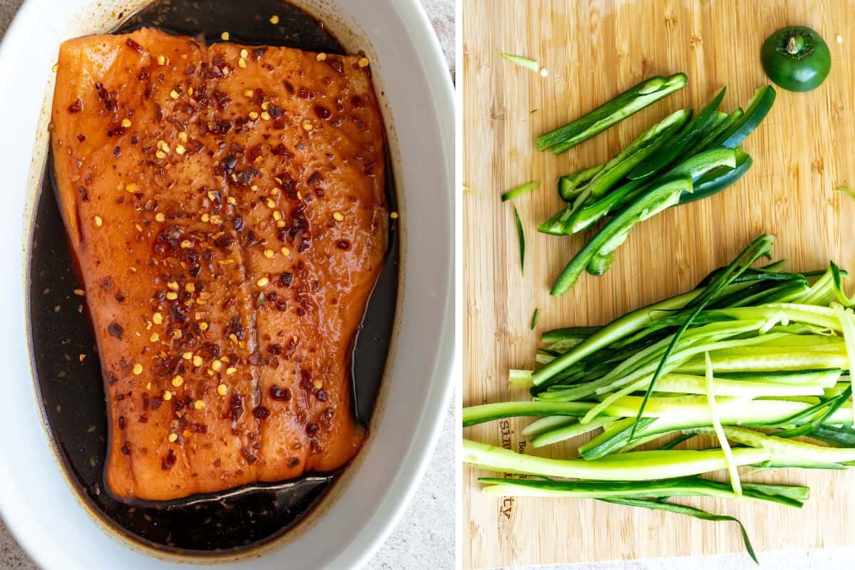 steps to make recipe, salmon in a white baking dish and sliced veggies.