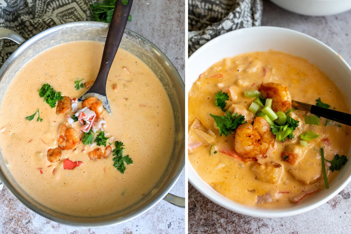 Bisque in a silver dutch oven  with shrimp. Also bisque in a white bowl with toppings. 