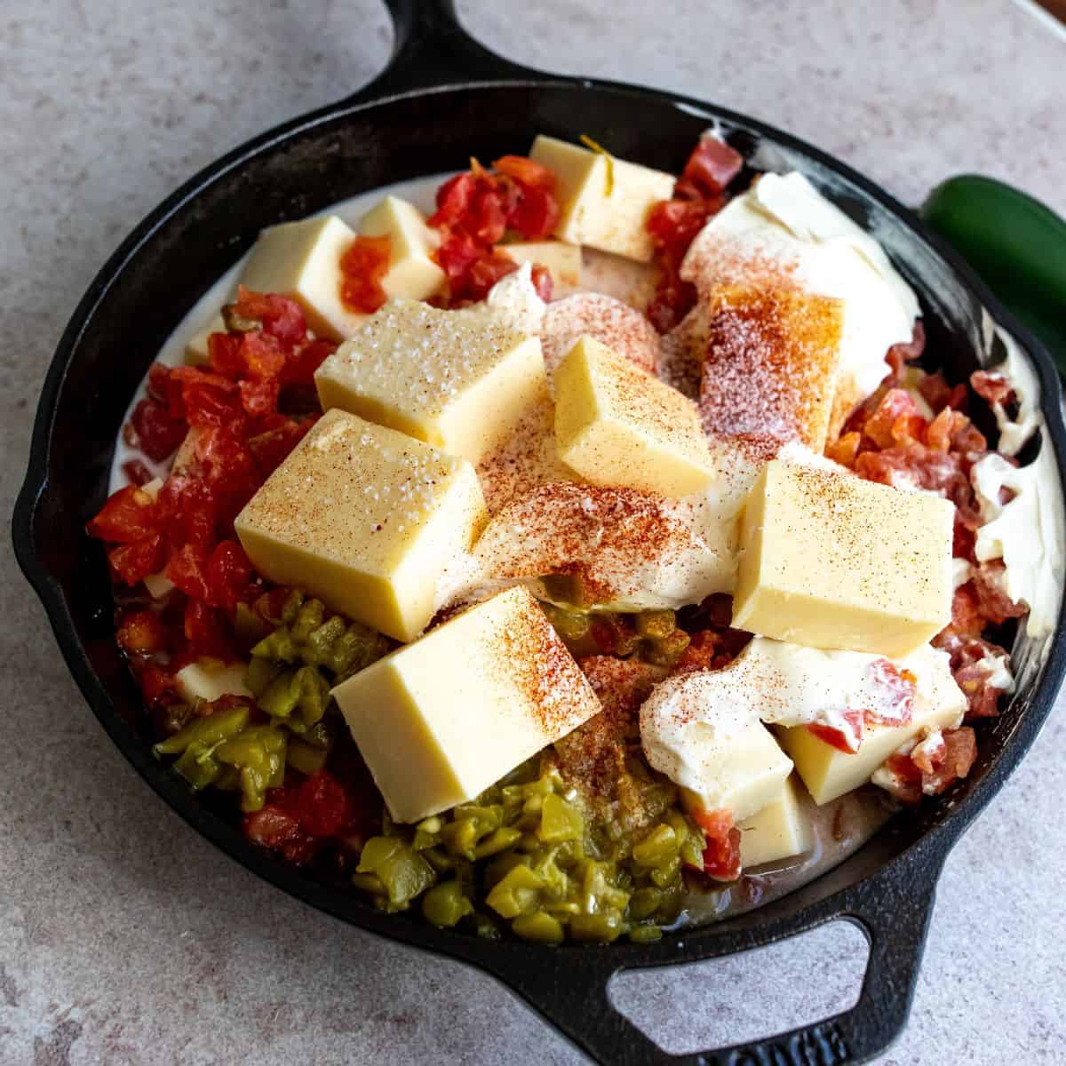 Cast iron with all ingredients piled in. 
