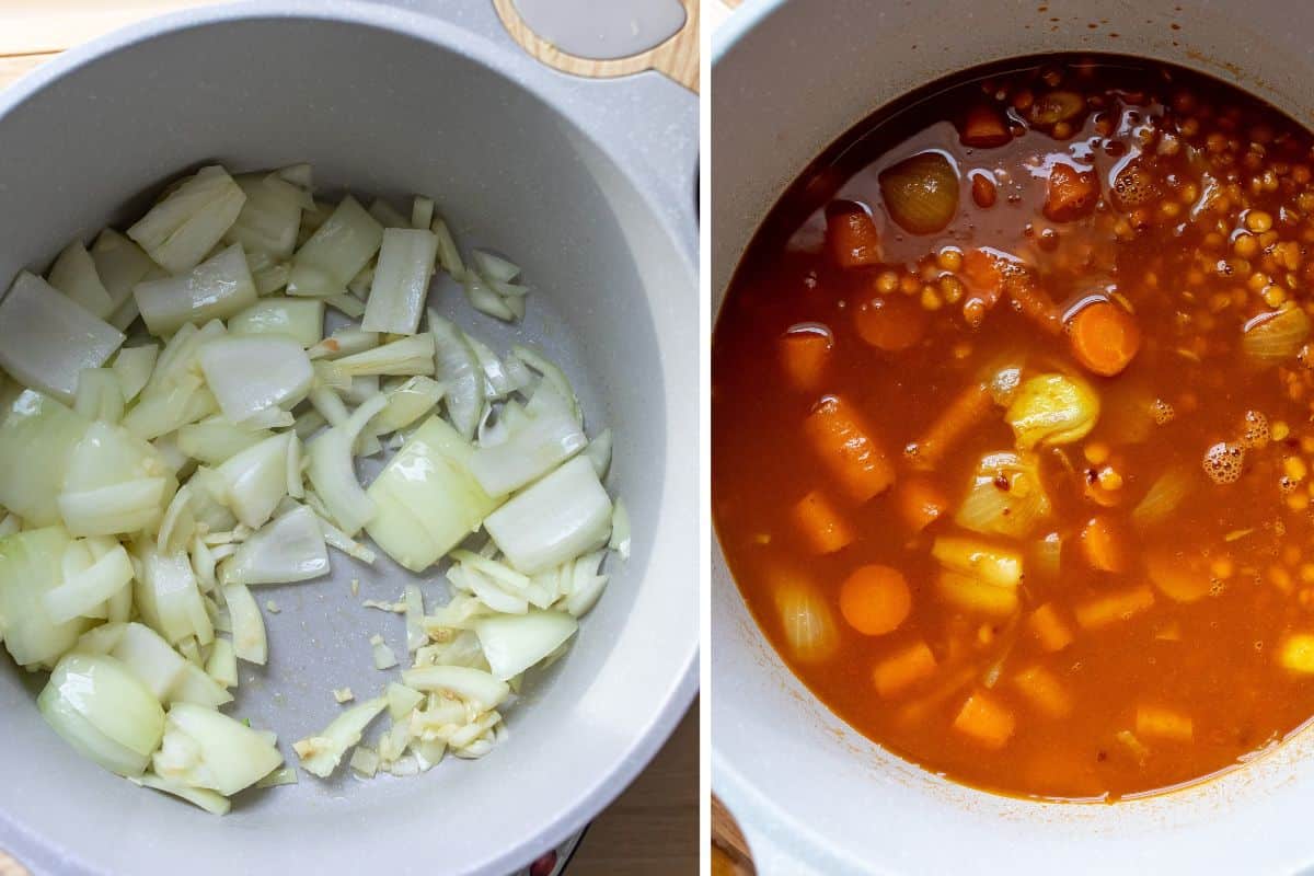 Steps to make this recipe in a grey deep pot with onions and ingredients. 