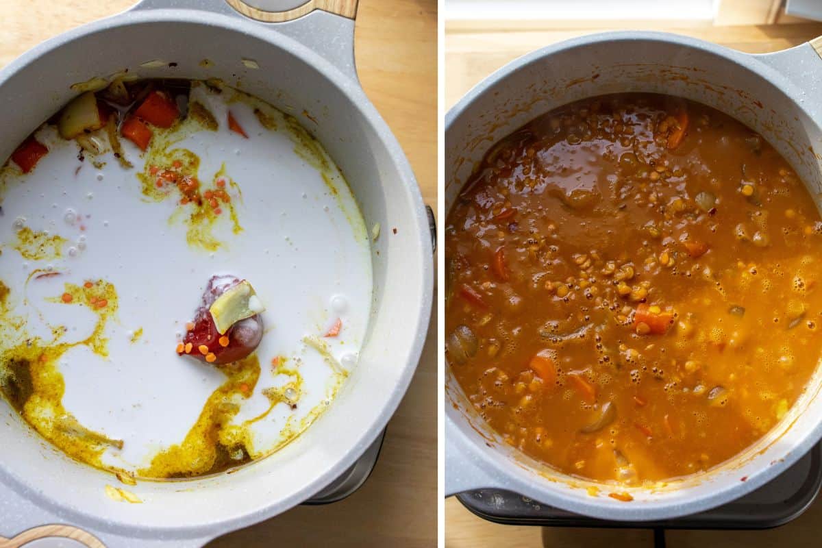 Steps to make this recipe in a dutch oven with ingredients boiling. 