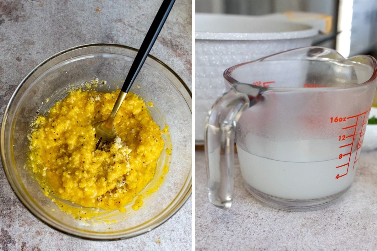 egg yolk and cheese in a clear bowl. Pasta water in a measuring cup. 