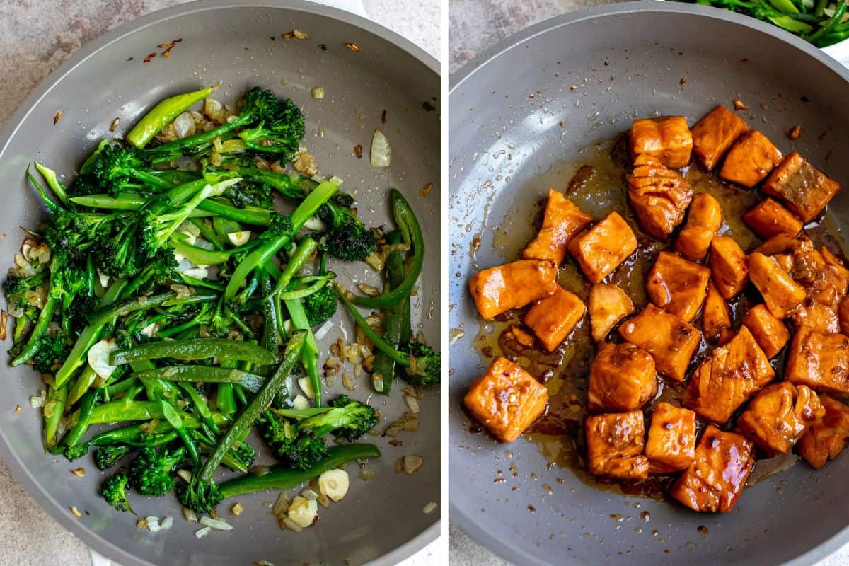 Grey sauté pan with broccolini sautéed, and salmon sautéed.