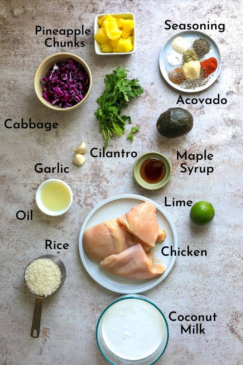 All ingredients for this recipe on a counter in small bowls and measuring cups. 