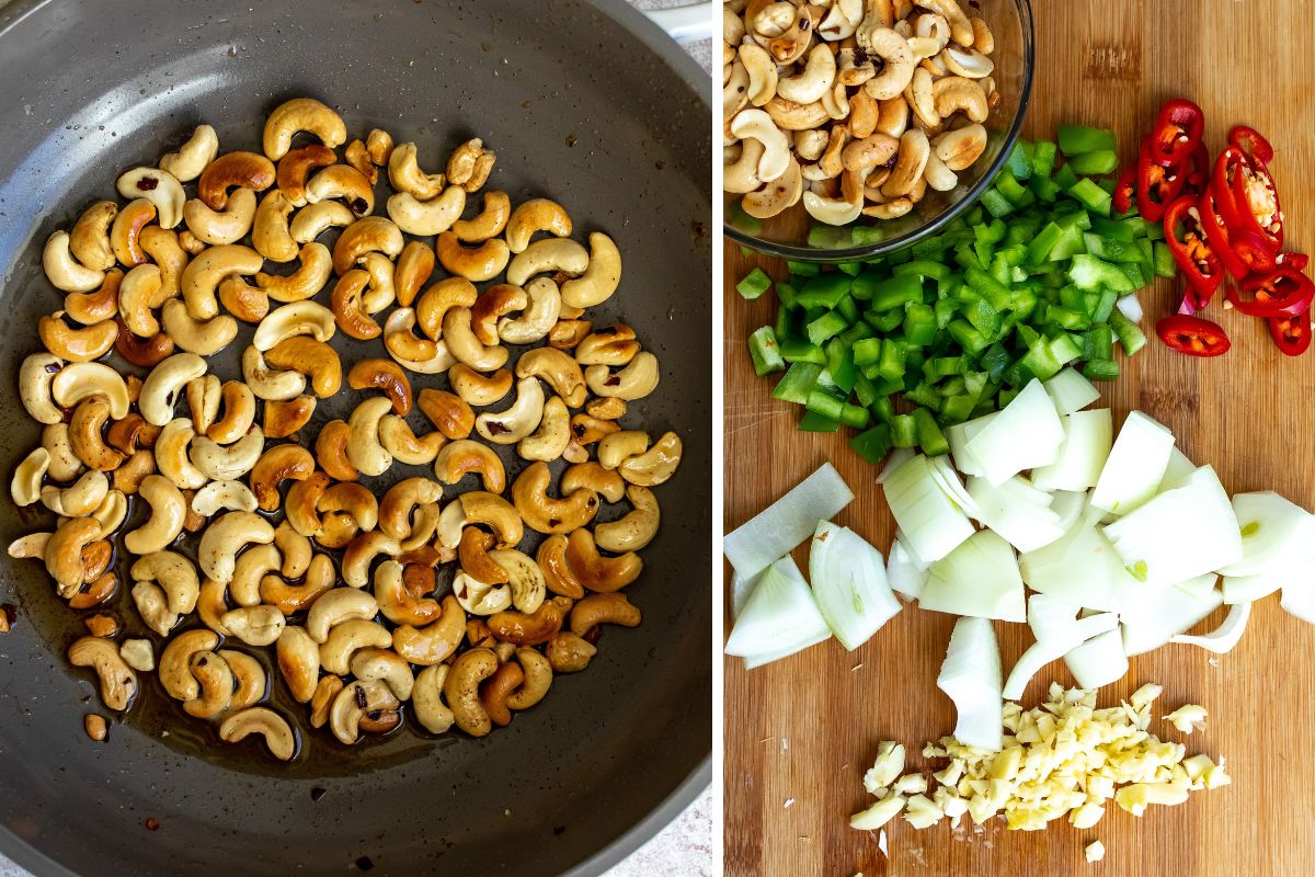 Cashews in a skillet and chopped veggies on a cutting board. 