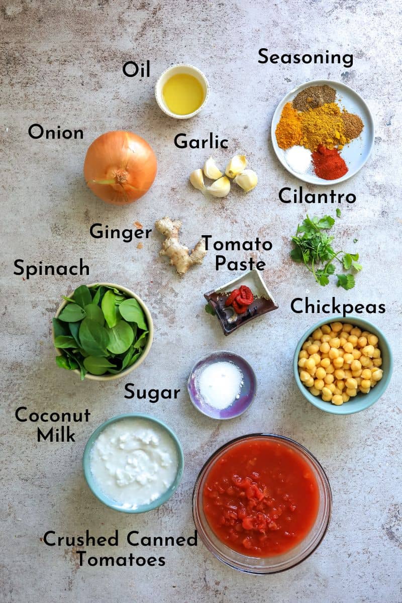 Ingredients for this recipe in small bowls on a counter. 
